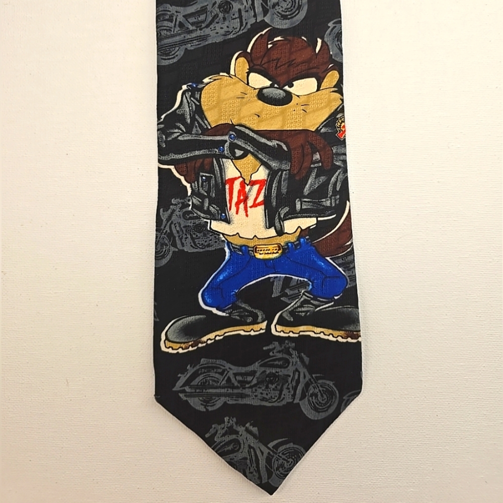 Vintage Looney Tunes Mania Taz Tasmanian Devil Motorcycle Biker Neck Tie